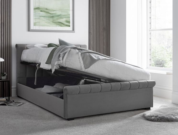 Ascot Grey Upholstered Sleigh Ottoman - Double Bed Frame Only