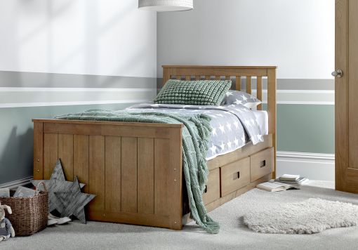 Captain Oak Finish 3 Drawer Single Wooden Storage Bed