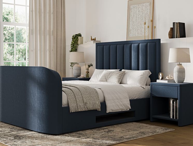 Santorini Upholstered Ottoman TV Bed Blue Velvet - King Size Bed Frame Only