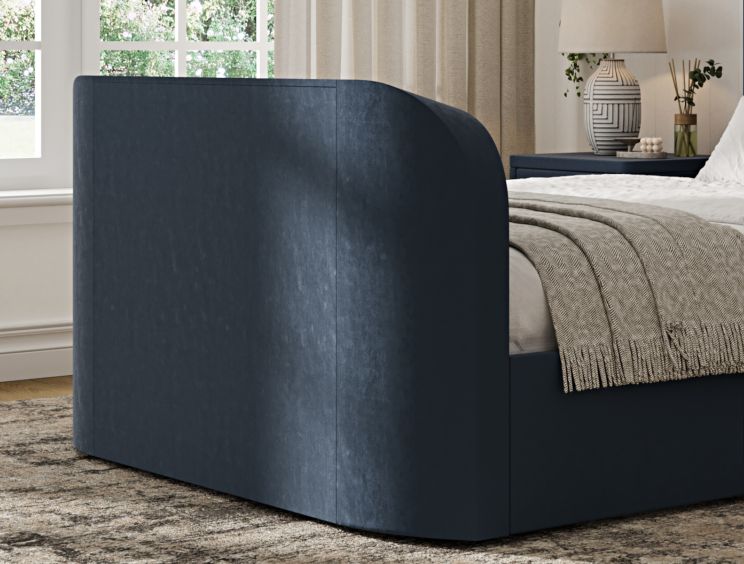 Santorini Upholstered Ottoman TV Bed Blue Velvet - King Size Bed Frame Only