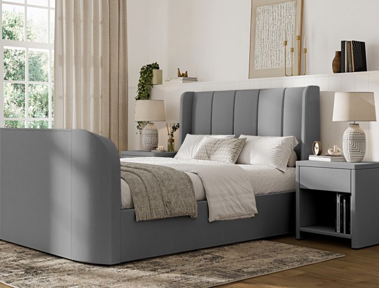 Vancouver Winged Upholstered Ottoman TV Bed Grey Velvet - Double Bed Frame Only