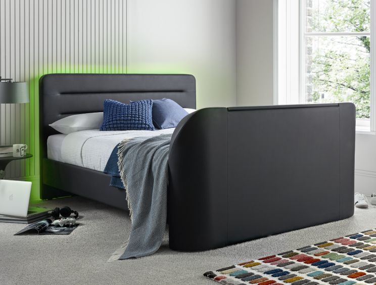 Fuzion Charcoal Faux Leather Upholstered Double TV Bed Frame