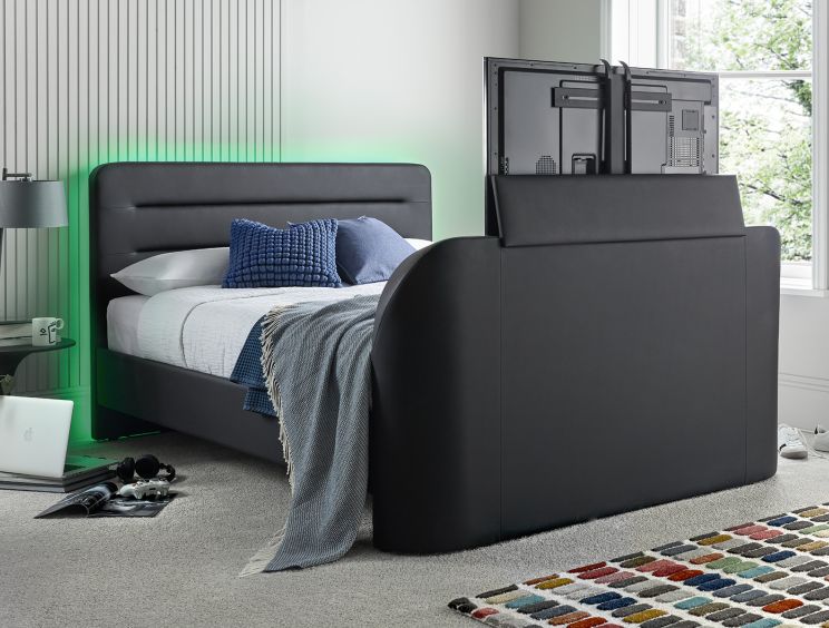 Fuzion Charcoal Faux Leather Upholstered Double TV Bed Frame