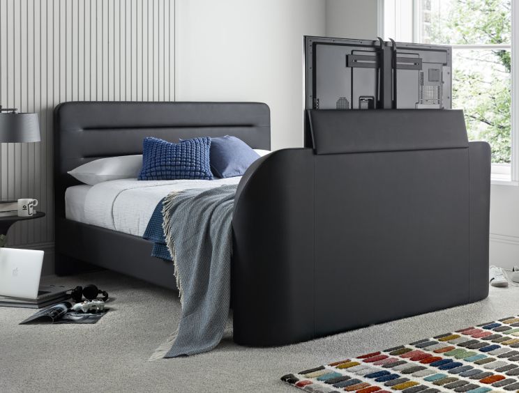 Fuzion Charcoal Faux Leather Upholstered Double TV Bed Frame