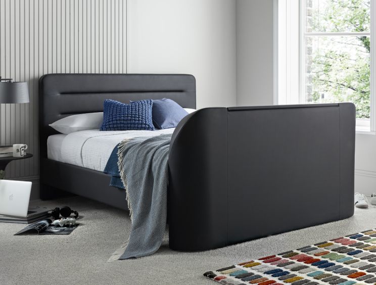 Fuzion Charcoal Faux Leather Upholstered Double TV Bed Frame