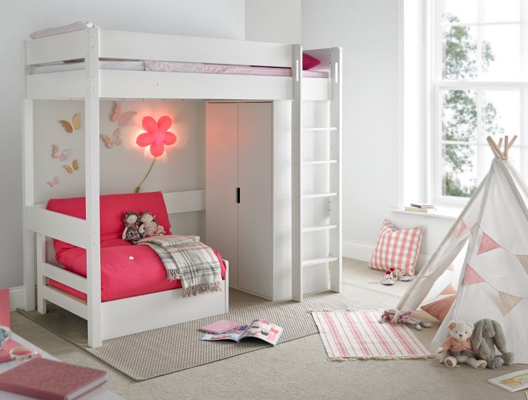 Modena High Sleeper Bed Frame With Compact Wardrobe Pink Chair