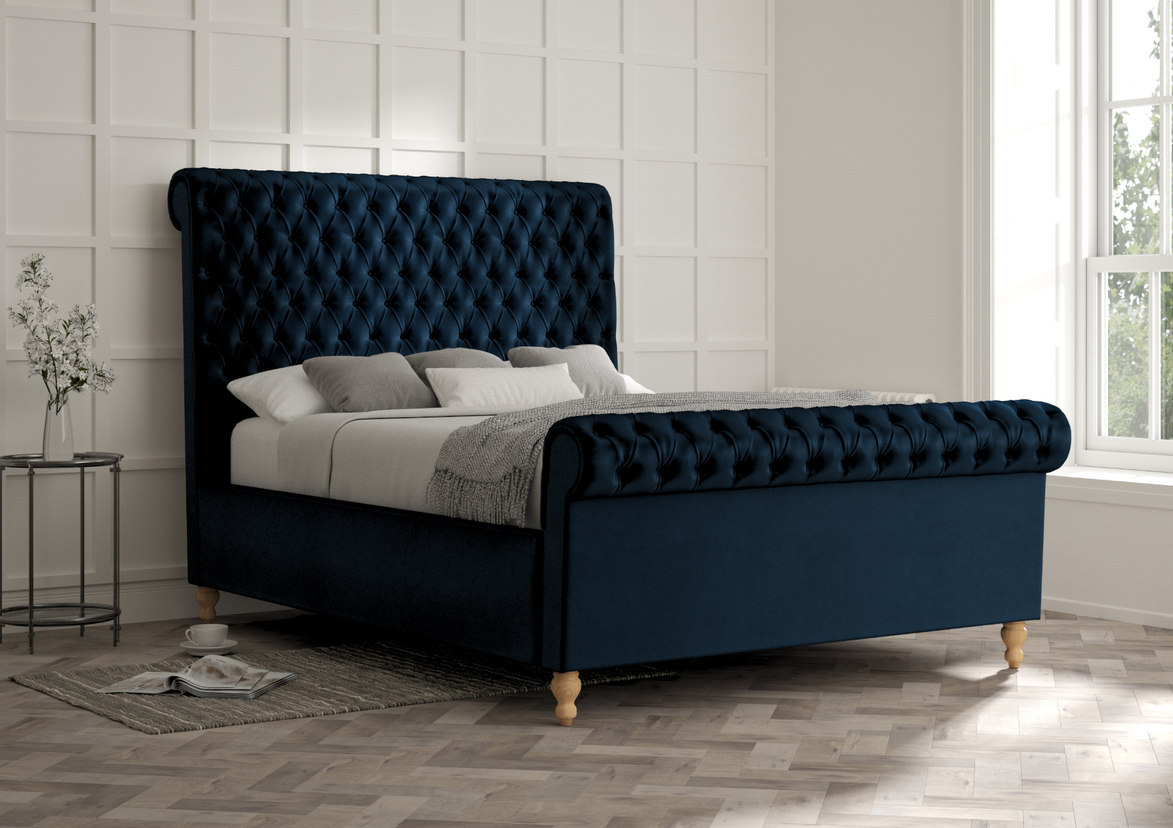 View Aldwych Velvet Navy Upholstered King Size Sleigh Bed Time4Sleep information