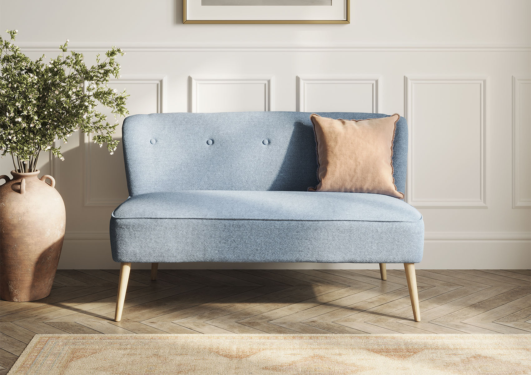 View Blyth Cornflower Blue 2 Seater Upholstered Sofa Time4Sleep information