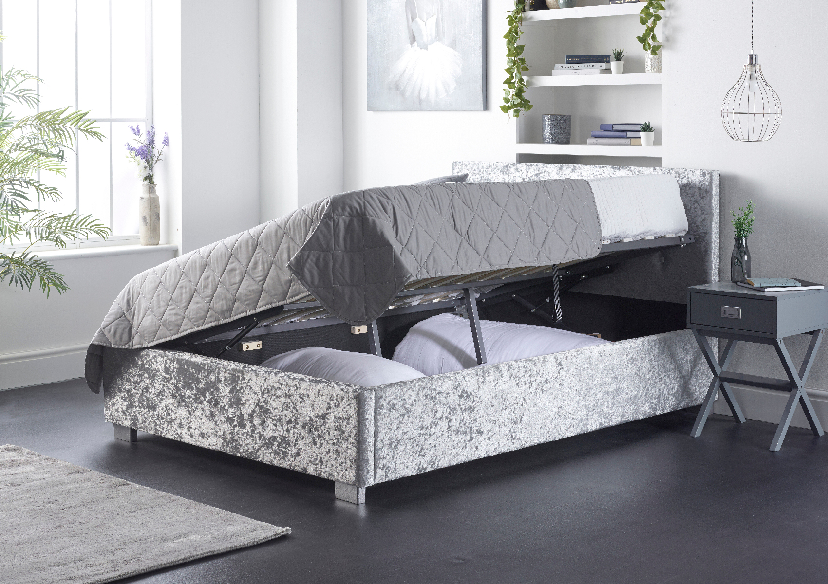 View Essentials Silver Crush Upholstered Super King Ottoman Bed Time4Sleep information
