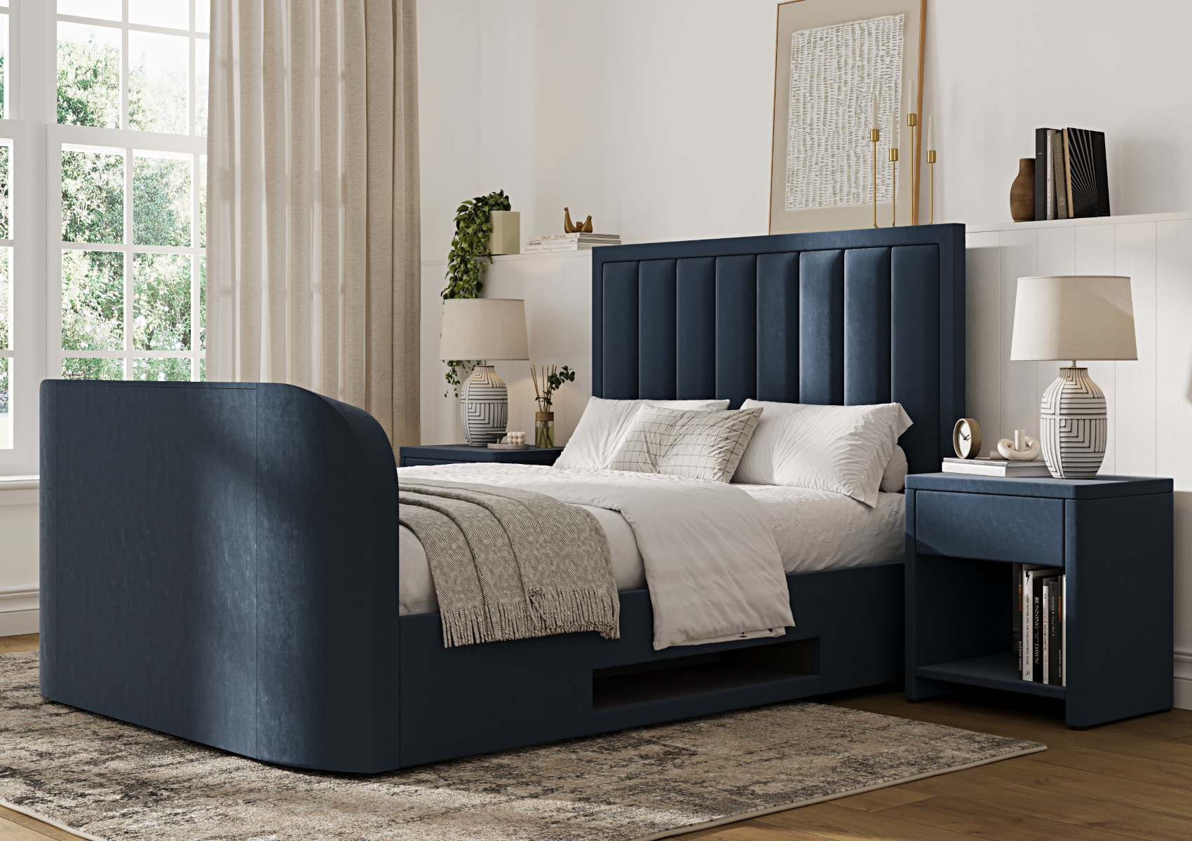 View Santorini Upholstered Multifunctional Ottoman Smart TV Blue Velvet Bed Frame Only Time4Sleep information