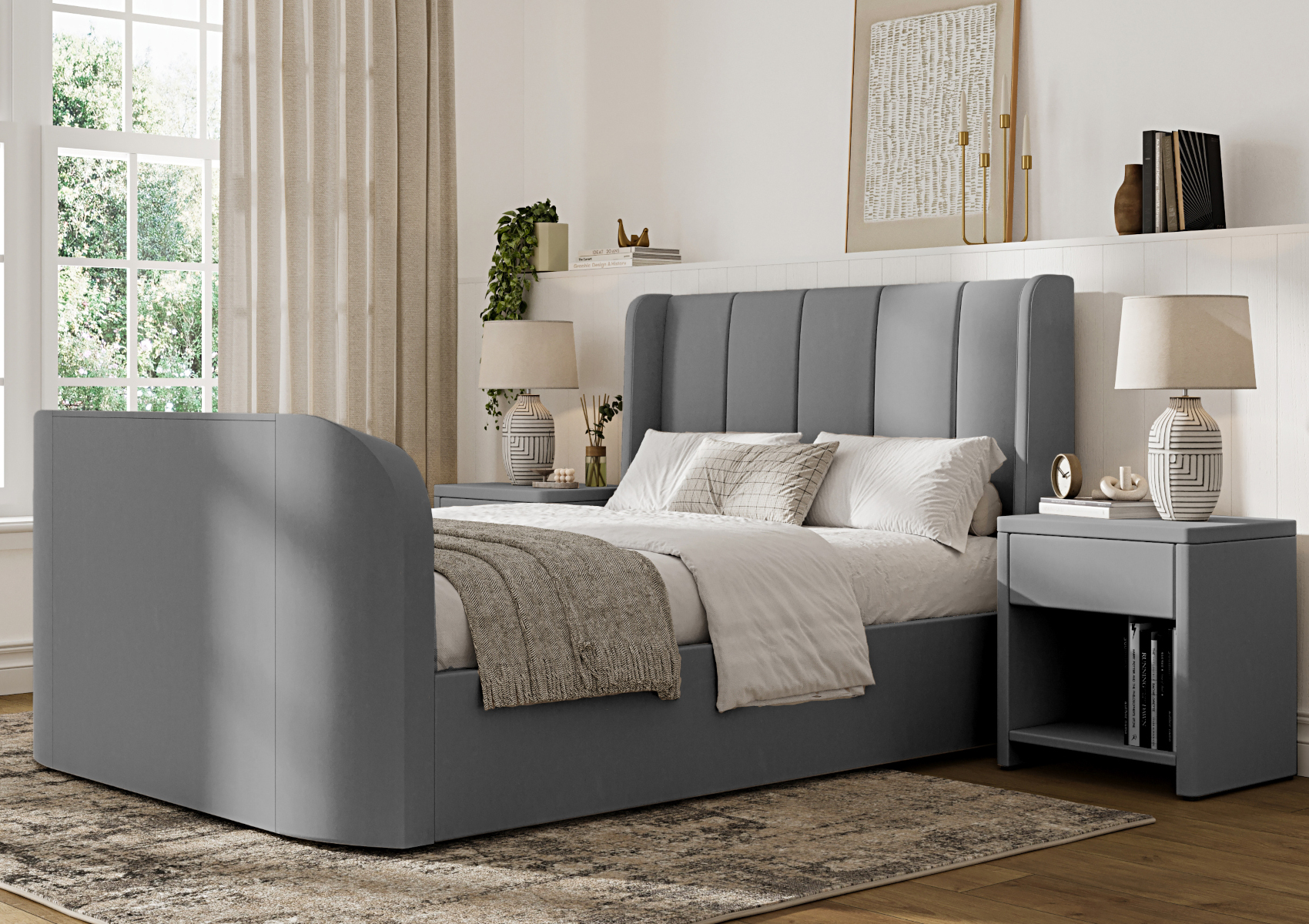 View Vancouver Winged Upholstered Multifunctional Ottoman Smart TV Bed Grey Velvet Frame Only Time4Sleep information