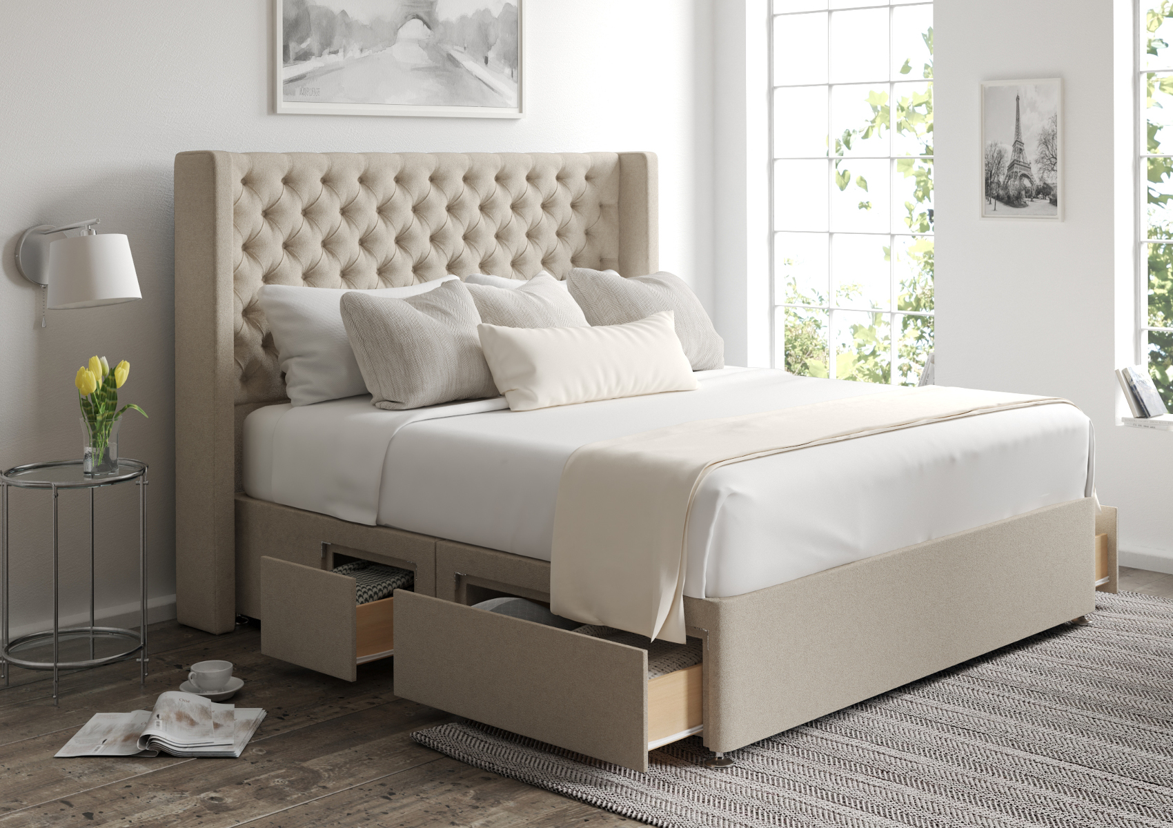 View Bella Hugo Royal Upholstered Double Storage Bed Time4Sleep information