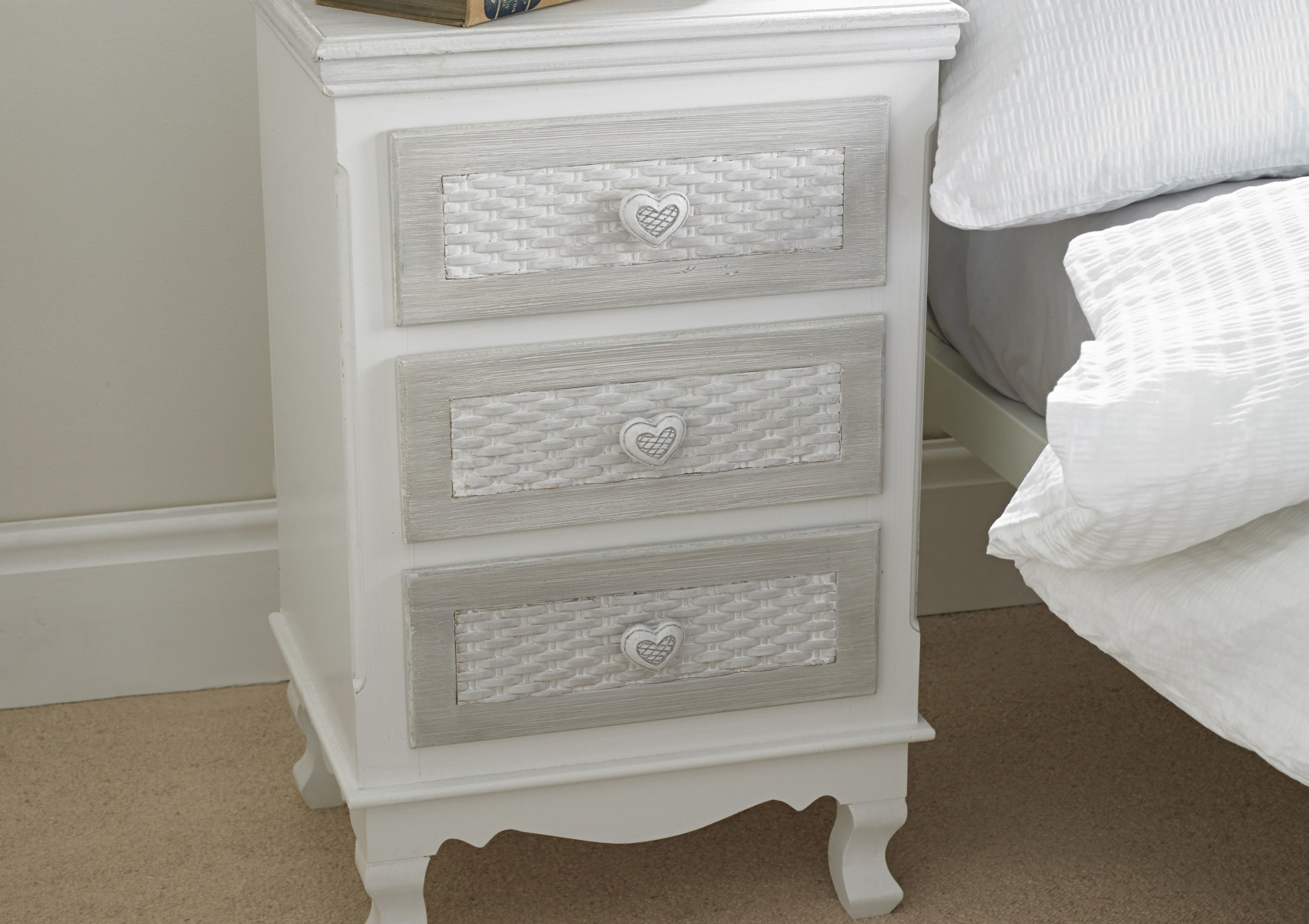 View Brittany WhiteGrey 3 Drawer Bedside Cabinet Time4Sleep information