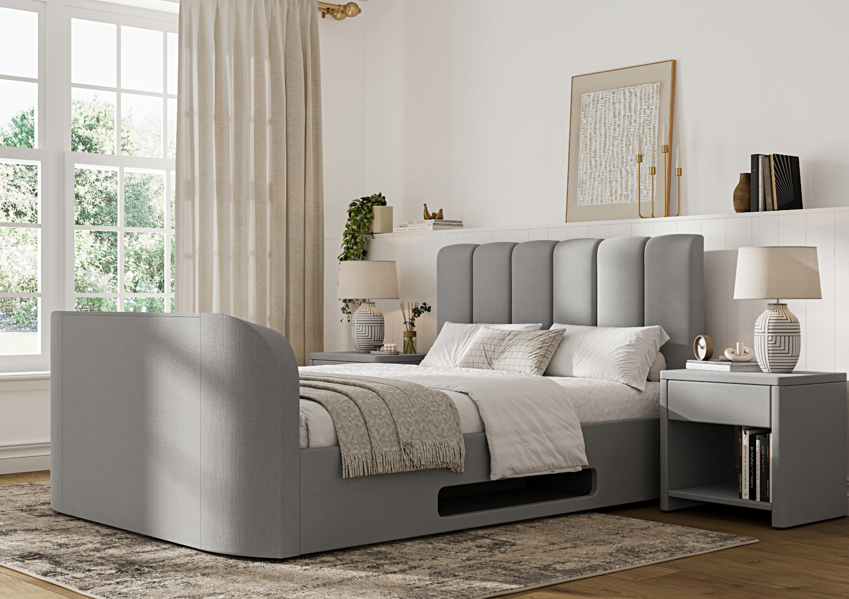 View Copenhagen Upholstered Multifunctional Ottoman Smart TV Bed Mid Grey Time4Sleep information