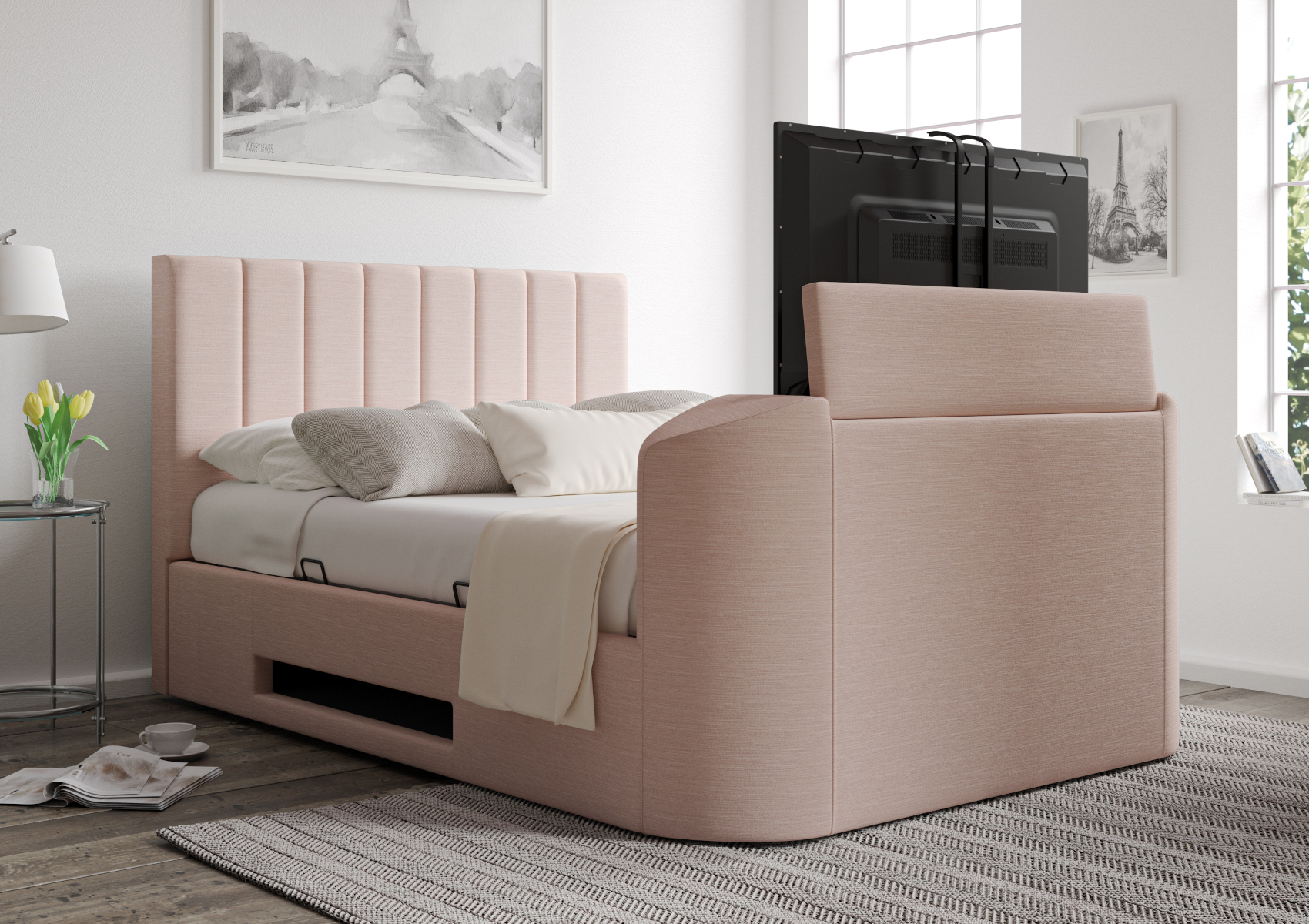 View Berkley Linea Powder Upholstered King Size Multifunctional Ottoman Smart TV Bed Time4Sleep information