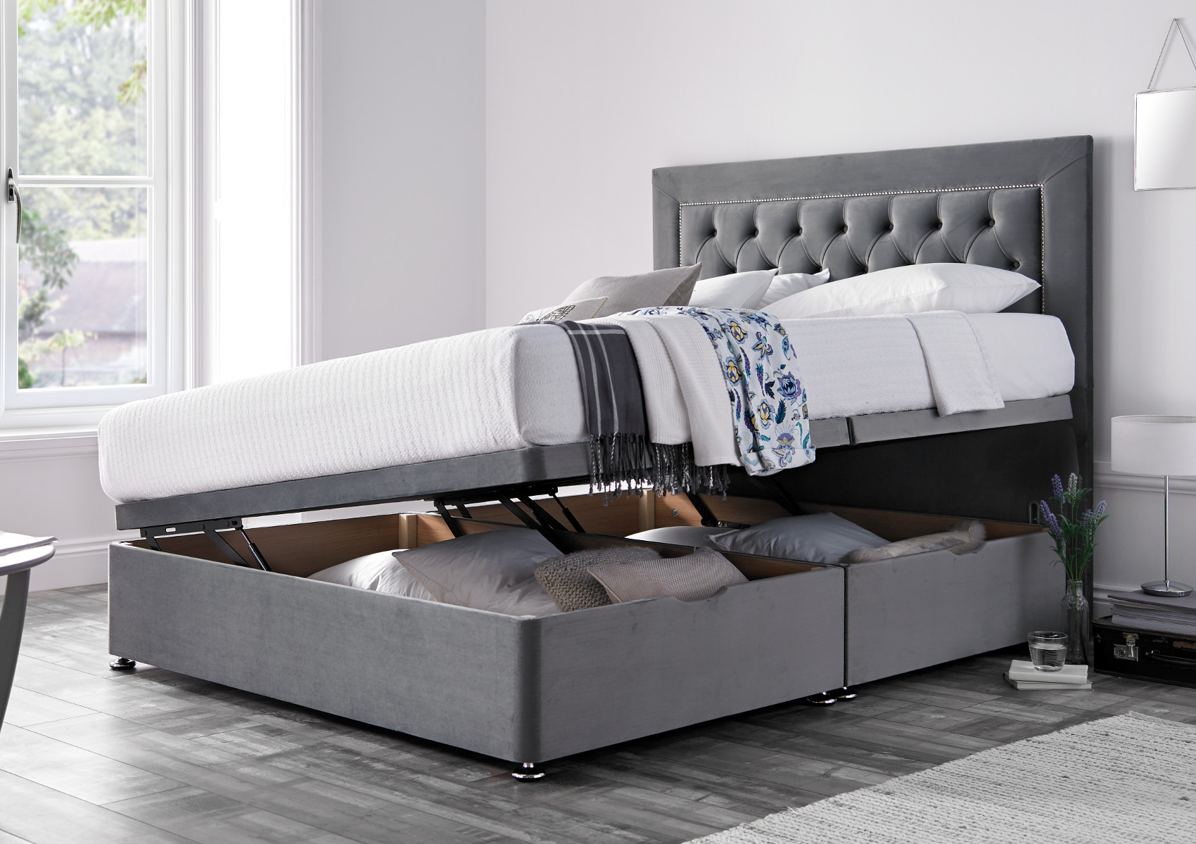 View Woodstock Naples Silver Upholstered Double Ottoman Bed Time4Sleep information
