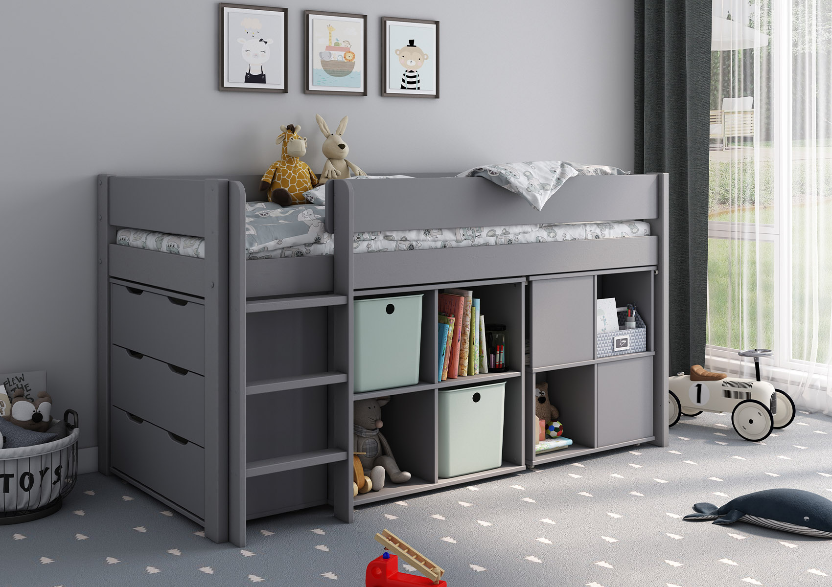 View Estella Grey Mid Sleeper Bed Frame With Cube Desk Time4Sleep information