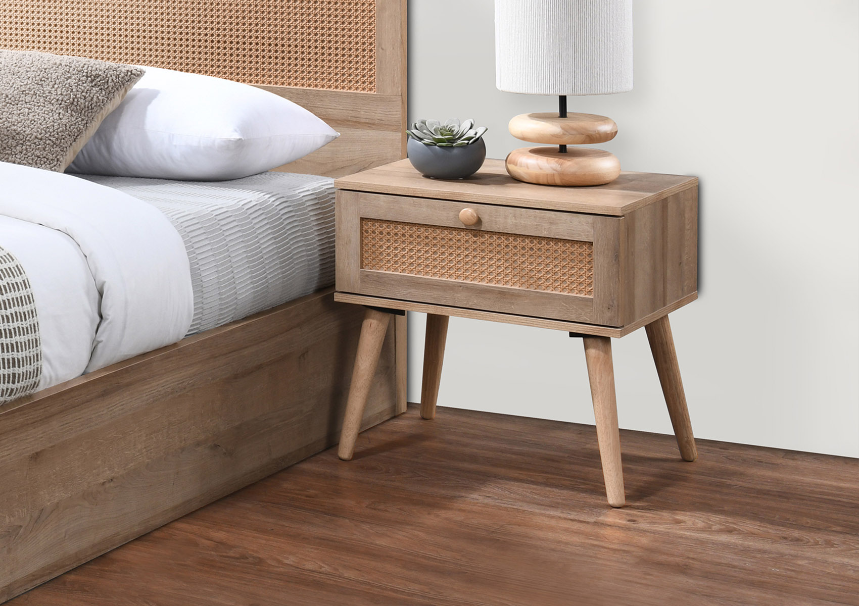 View Frances Rattan Oak Finish 1 Drawer Bedside Time4Sleep information