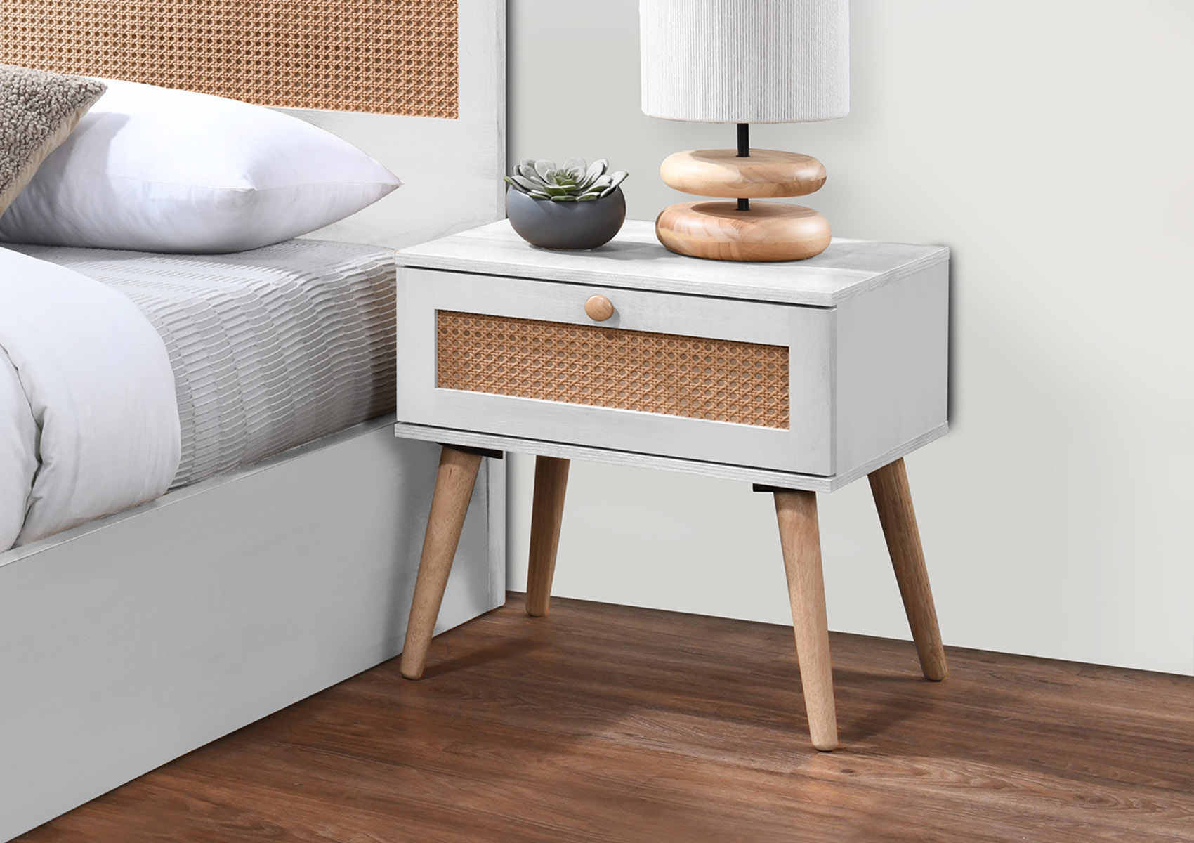 View Frances Rattan White 1 Drawer Bedside Time4Sleep information