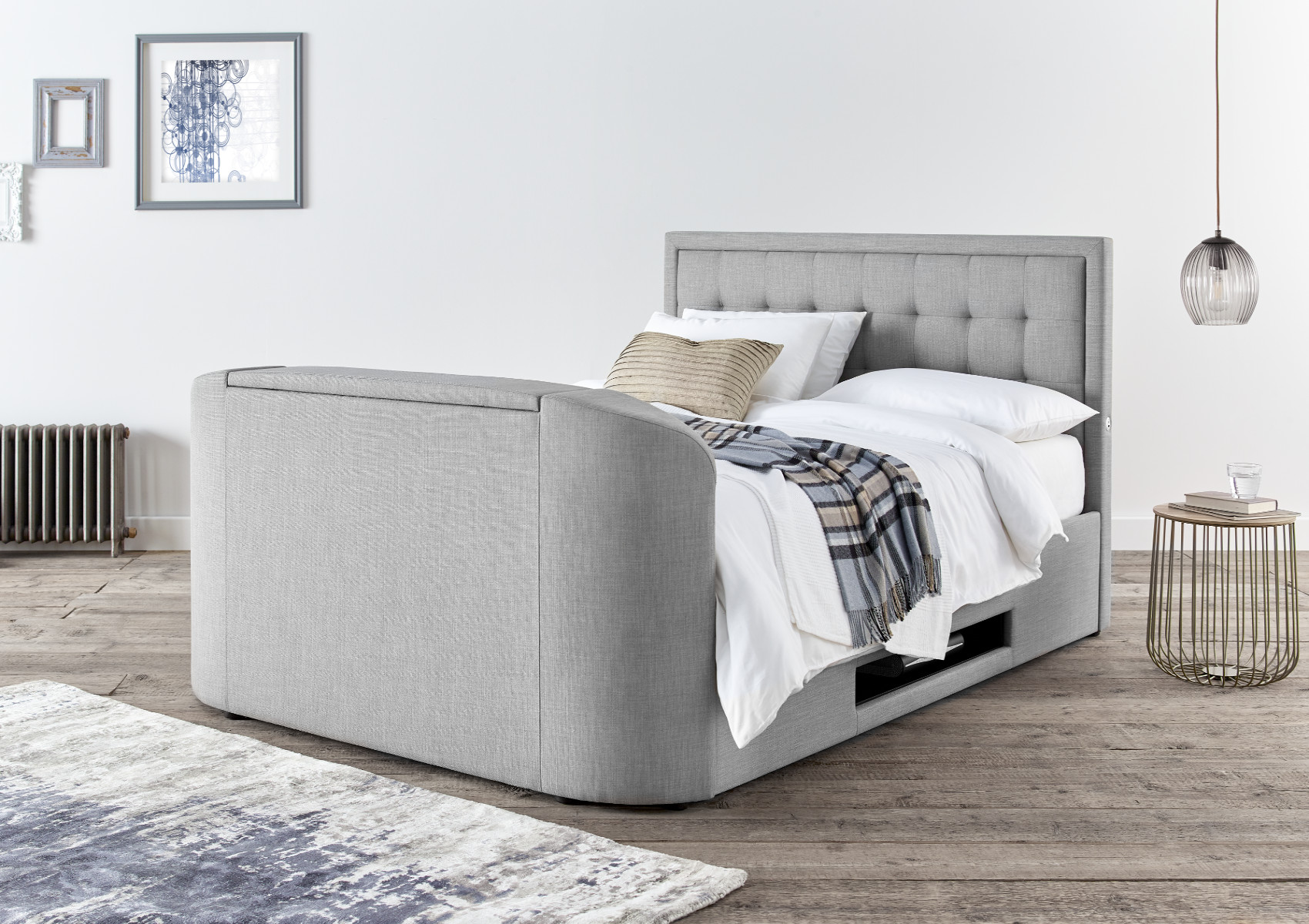 View Carmel Mid Grey Upholstered King Size Multifunctional Ottoman Smart TV Bed Time4Sleep information