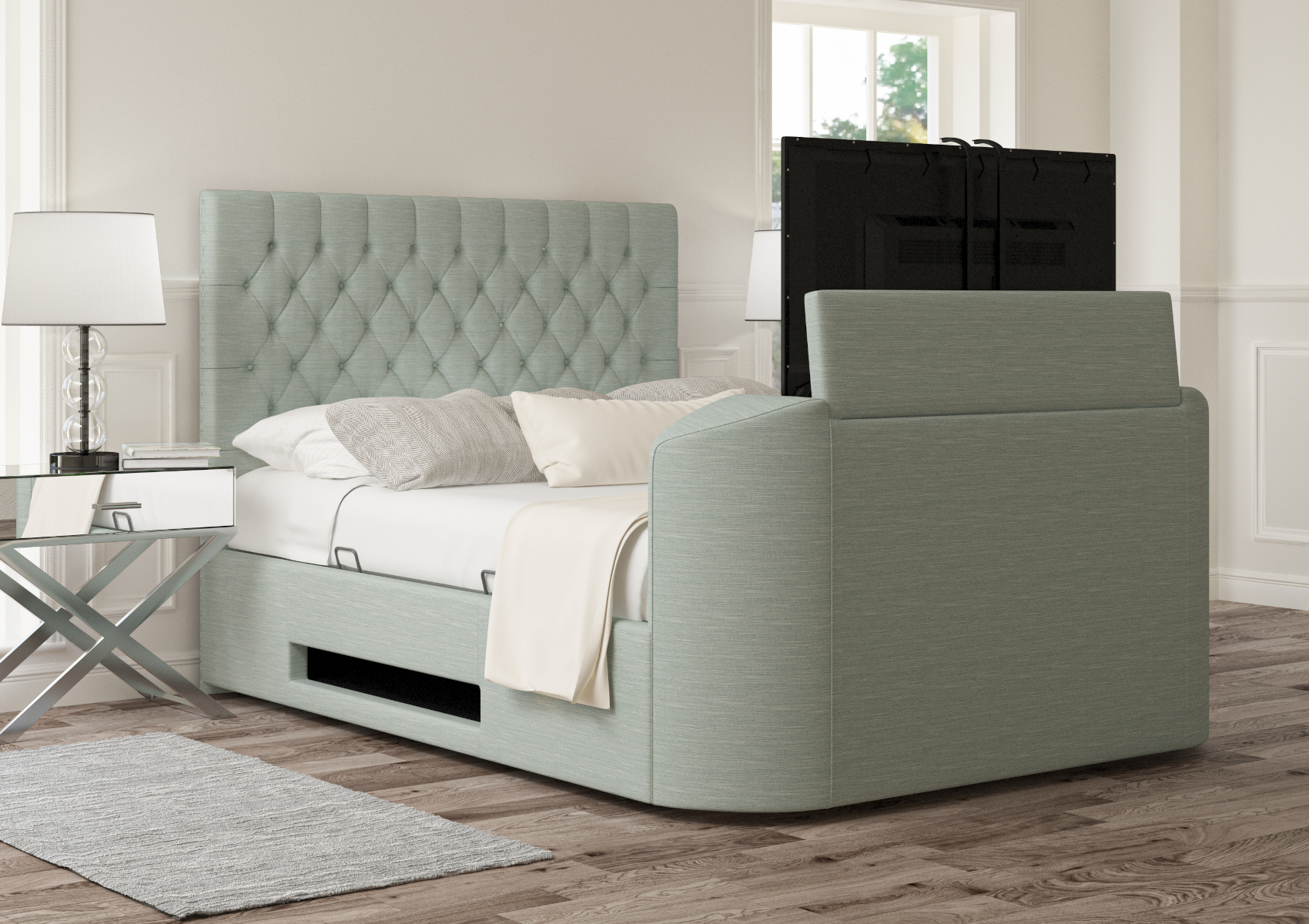 View Claridge Linea SeaBlue Upholstered King Size Multifunctional Ottoman Smart TV Bed Time4Sleep information