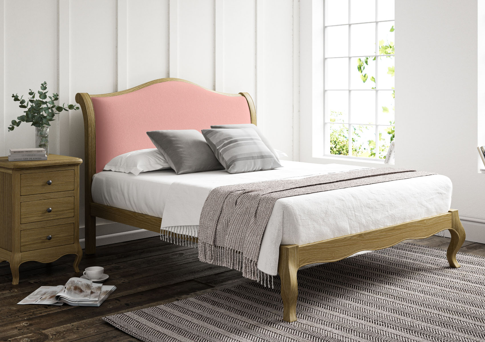 View Lyon Hugo Powder Upholstered Oak Bed Frame LFE Bed Frame Only Time4Sleep information