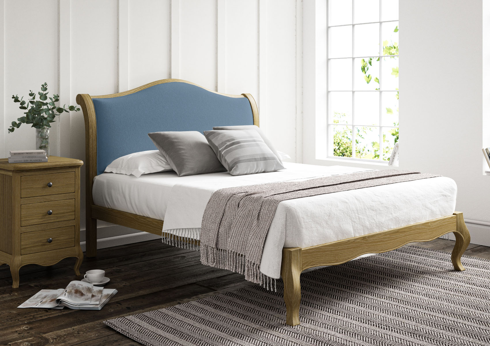 View Lyon Hugo Wedgewood Upholstered Oak Bed Frame LFE Bed Frame Only Time4Sleep information