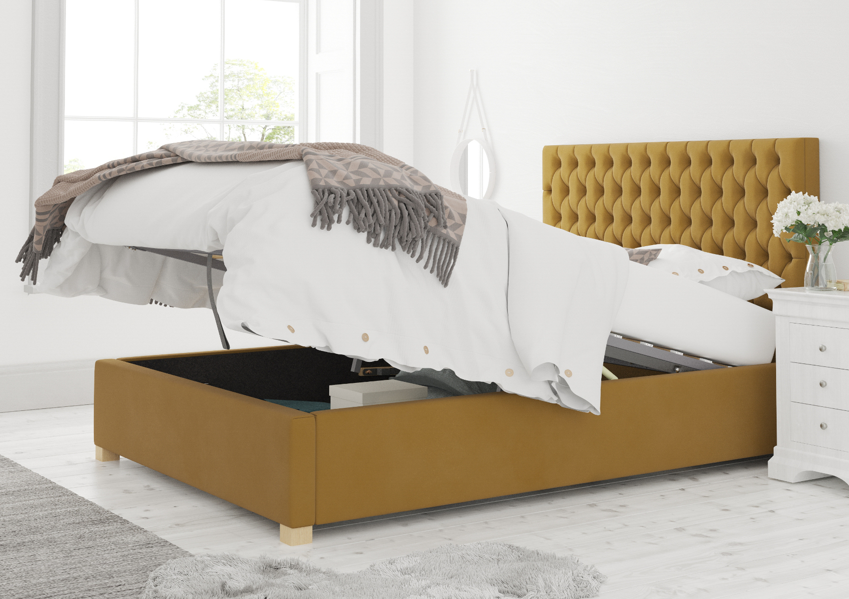 View Malton Ochre Upholstered Compact Double Ottoman Bed Time4Sleep information