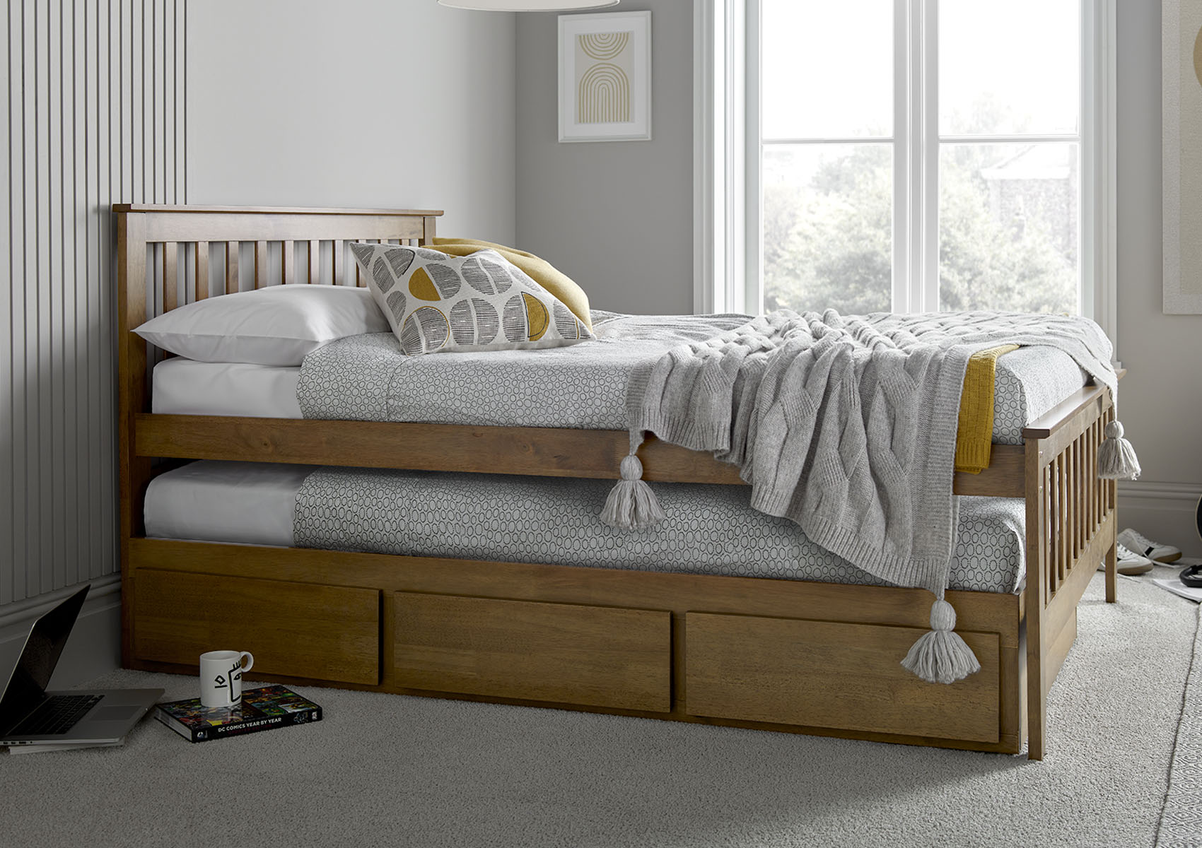 View Malvern Oak Finish 3 Drawer Double Wooden Bed With Trundle Time4Sleep information