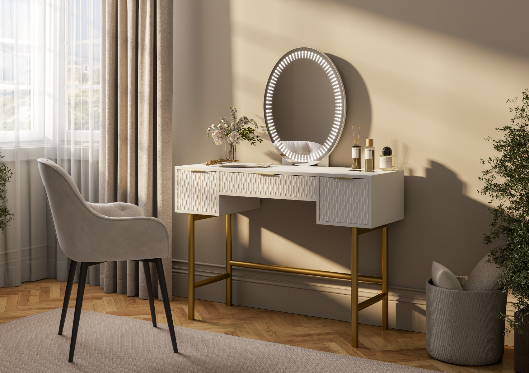 View Miami 3 Drawer White and Gold Dressing Table Including Mirror Time4Sleep information