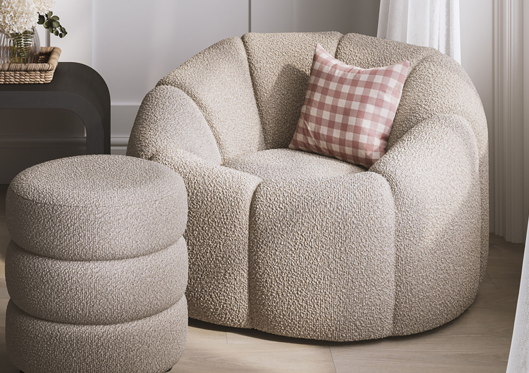 View Southwold Buff Boucle Upholstered Swivel Chair Time4Sleep information