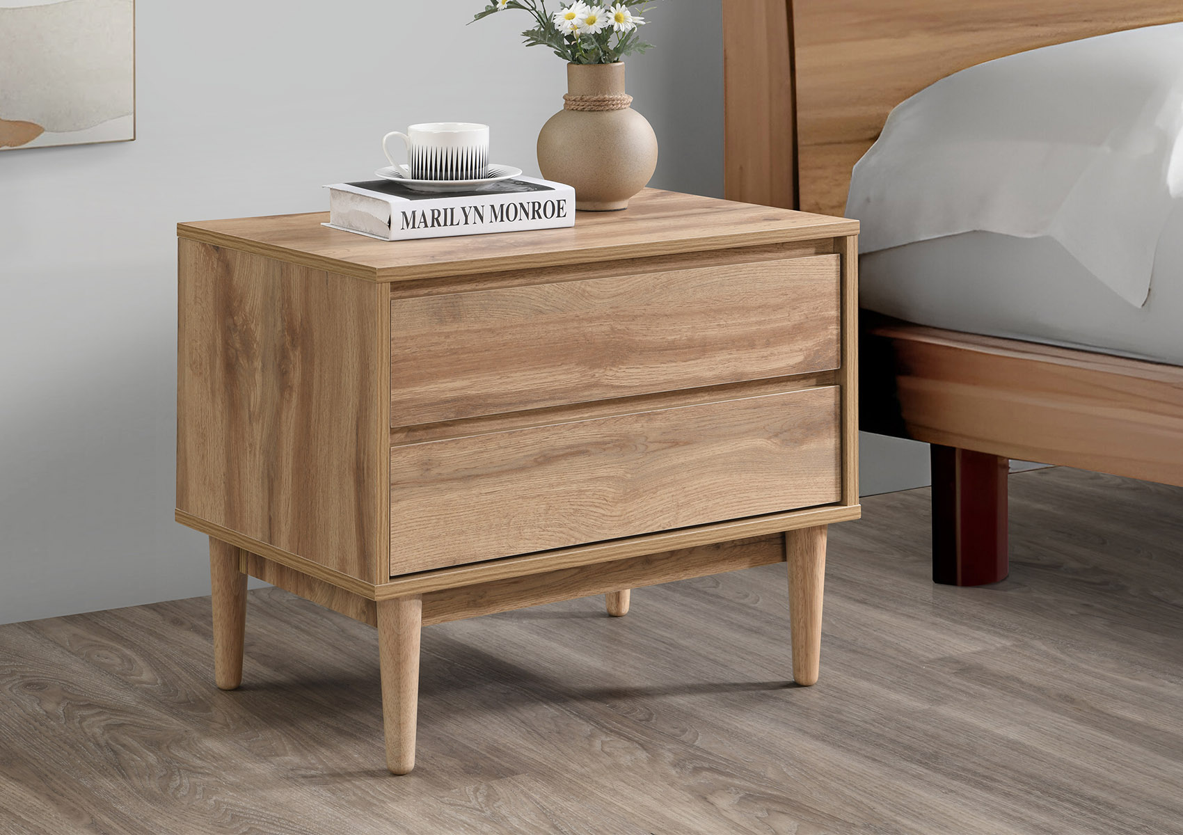 View Nordic Oak Finish 2 Drawer Bedside Time4Sleep information