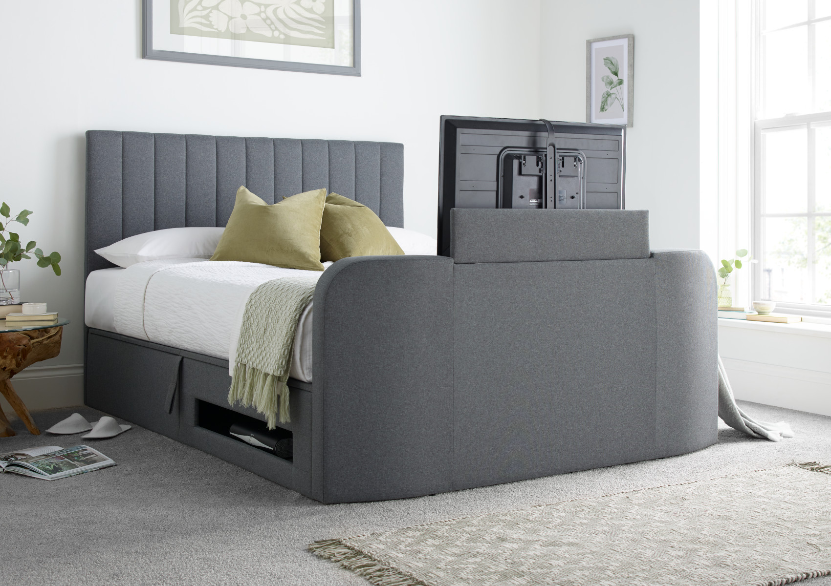 View Onelife Seal Grey Upholstered TV Ottoman Bed Frame Time4Sleep information
