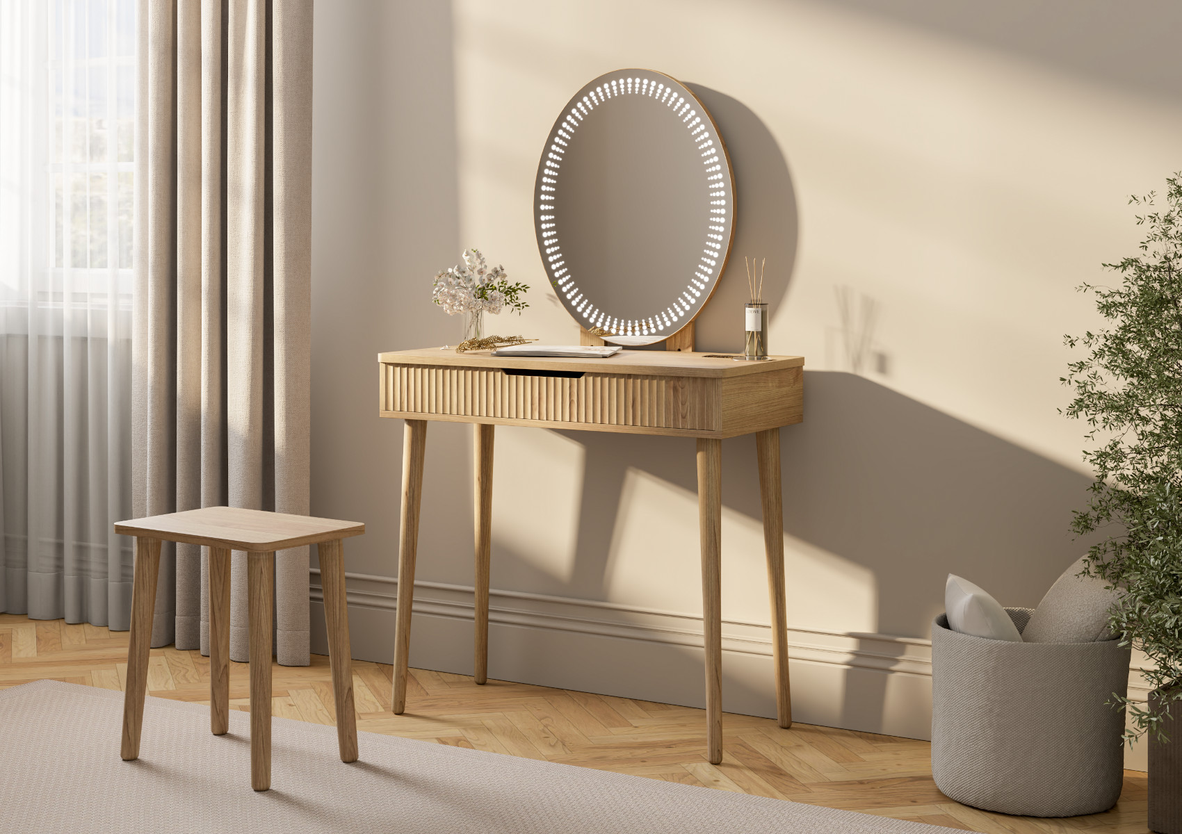 View Oslo 1 Drawer Oak Finish Dressing Table and Stool Including Mirror Time4Sleep information