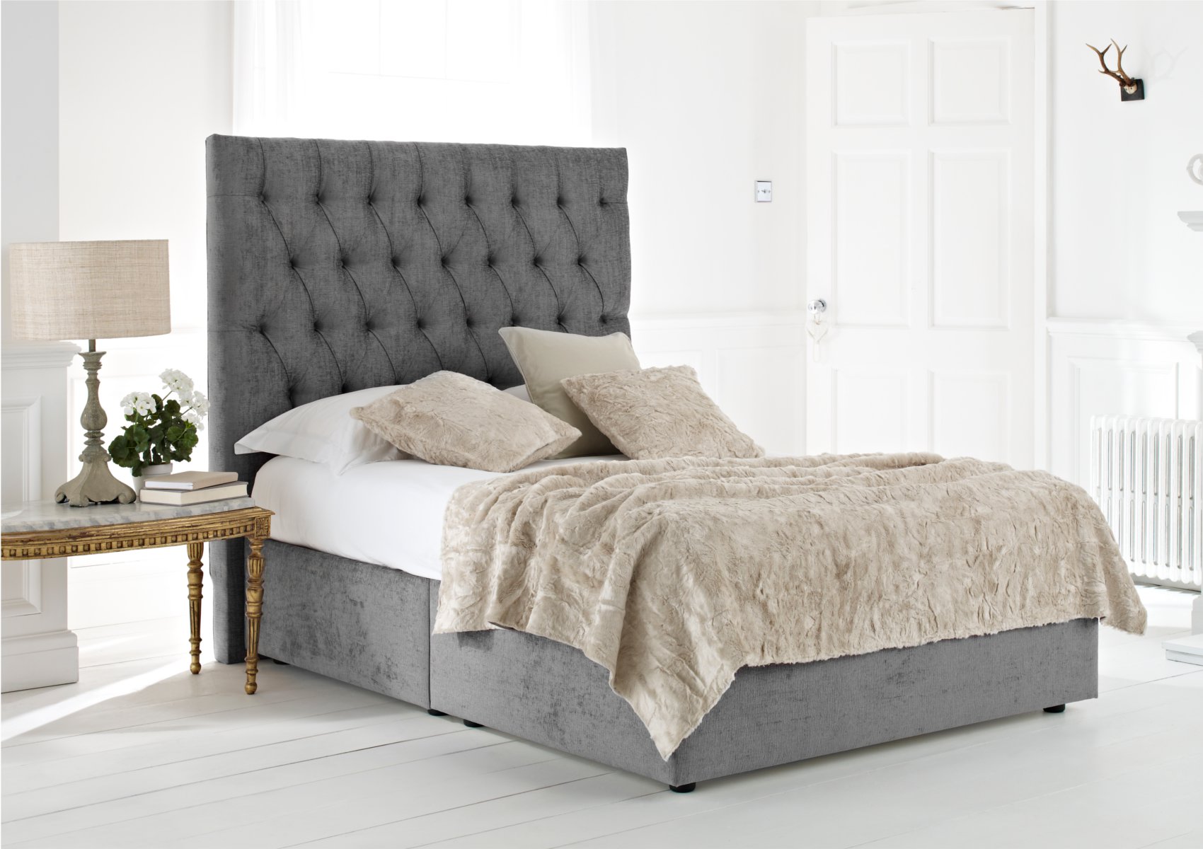 View Kensington Harbour Grey Upholstered King Size Divan Bed Time4Sleep information