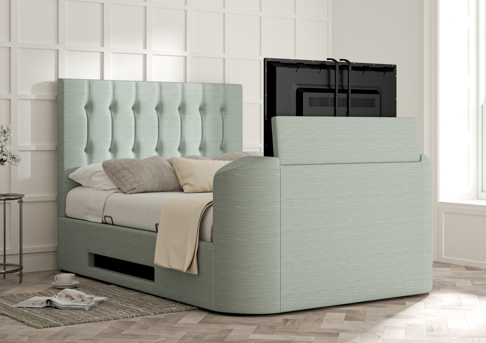 View Dorchester Linea SeaBlue Upholstered King Size Multifunctional Ottoman Smart TV Bed Time4Sleep information