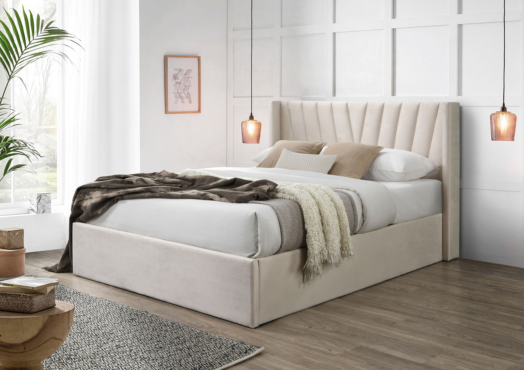 View Salerno Beige Winged Upholstered Ottoman Bed Frame Time4Sleep information