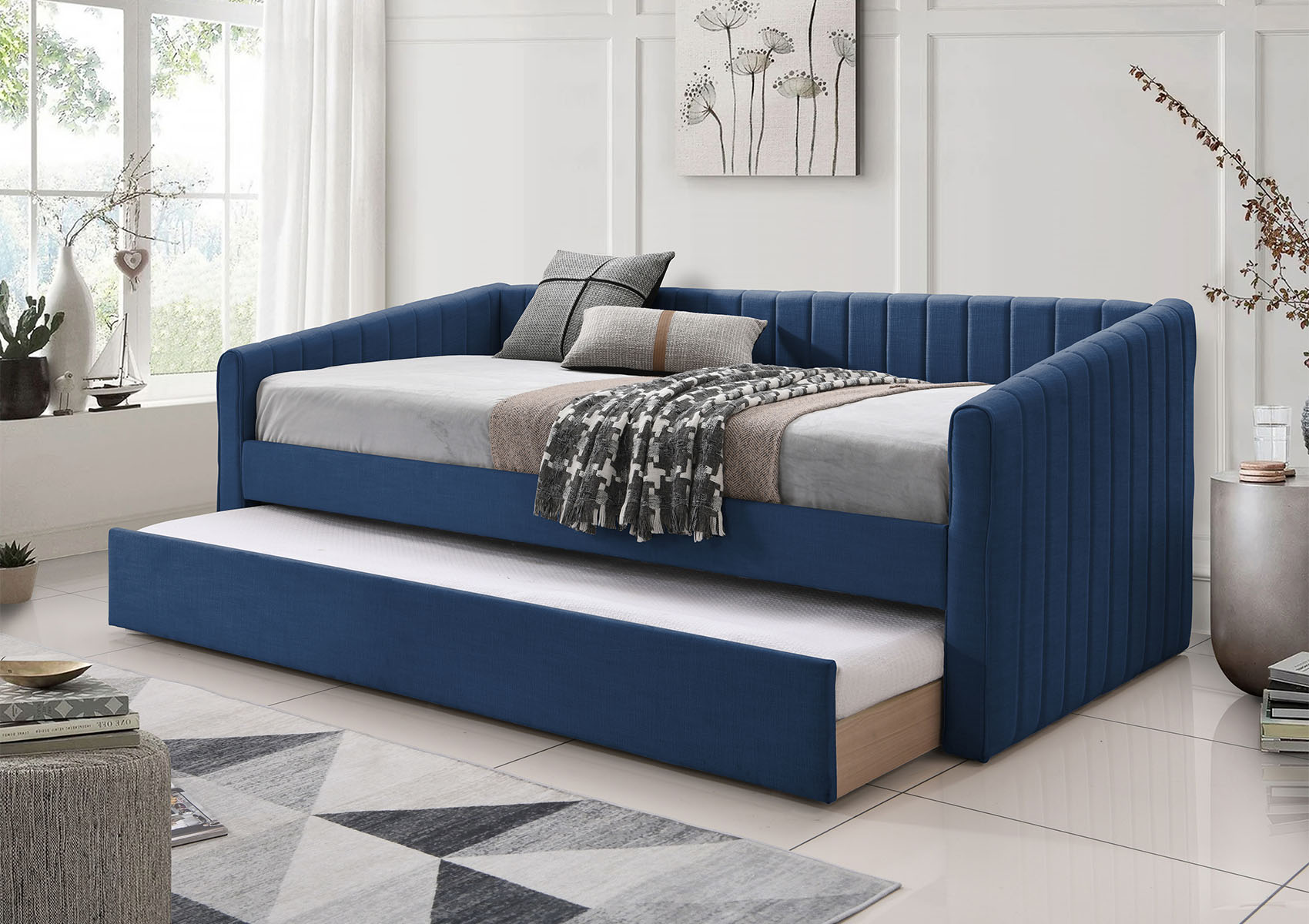 View Sanderson Navy Blue Upholstered Day Bed Including Underbed Time4Sleep information