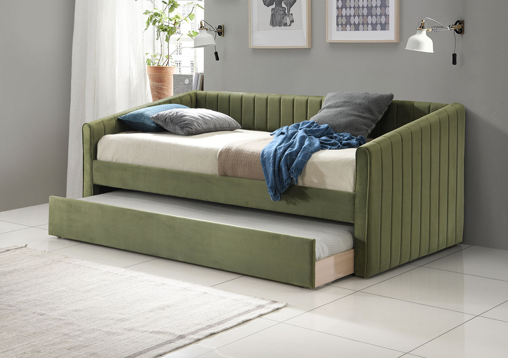 View Sanderson Olive Green Upholstered Day Bed Including Underbed Time4Sleep information
