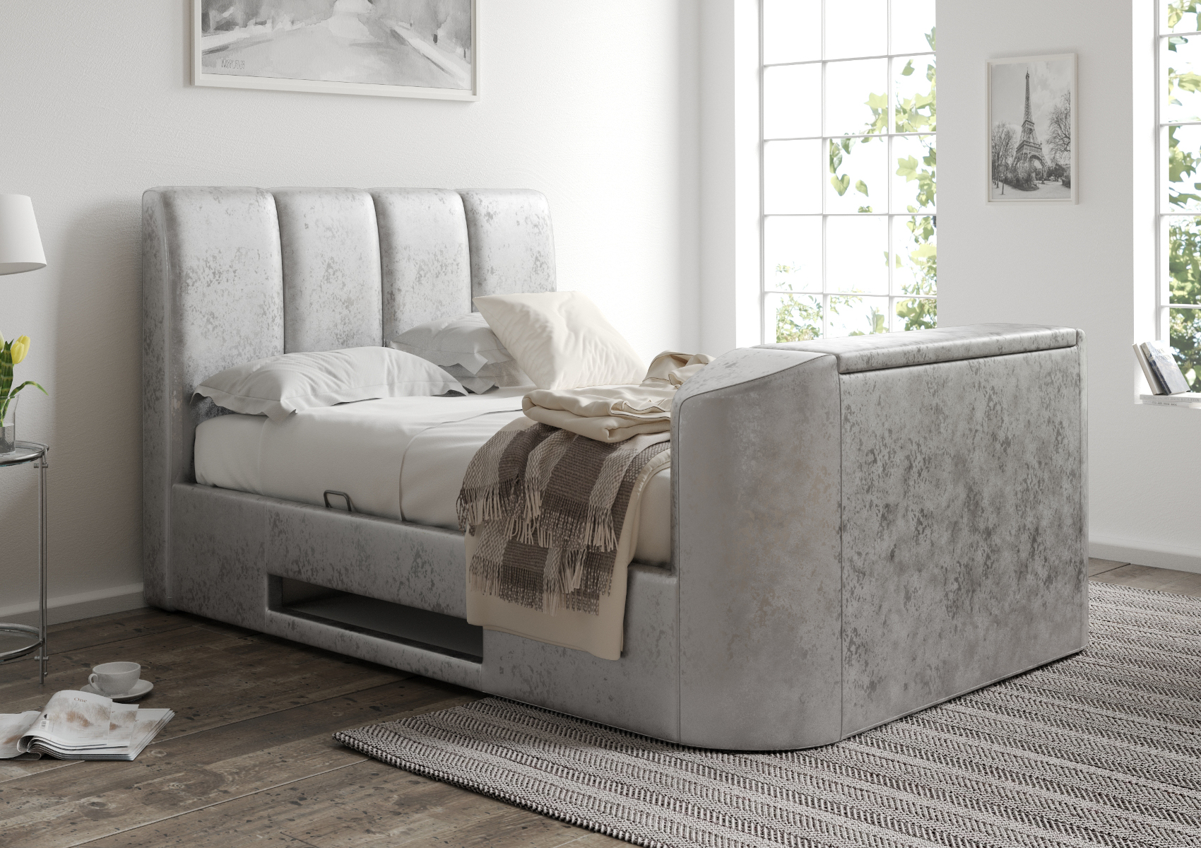 View Copenhagen Upholstered Multifunctional Ottoman Smart TV Bed Frame Silver Crush Time4Sleep information
