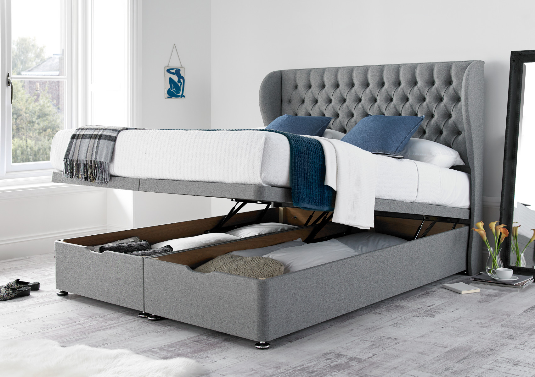 View Chesterfield Naples Silver Upholstered King Size Ottoman Bed Time4Sleep information